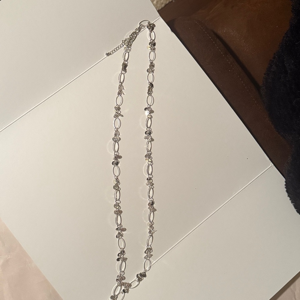 Lia Sophia Style Long Chain Linked Silver Tone Necklace Fringe Charms Accents